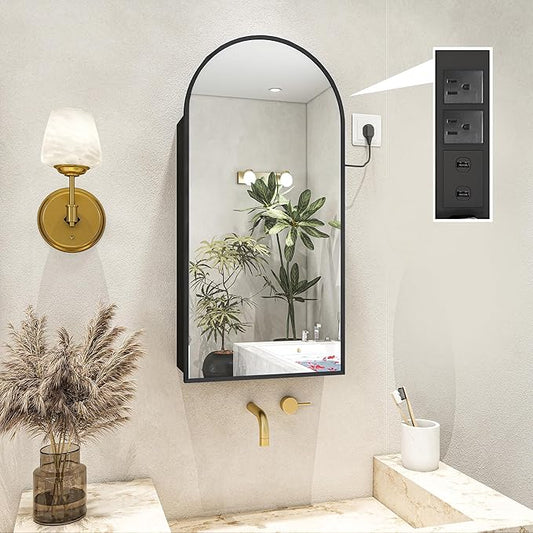 FKWin Medicine Cabinet Mirror with Power Outlet, Black Bathroom Mirror Medicine Cabinet for Left or Right Opening, not Recessed, Ample Vanity Mirror with Storage for Homeowner, Black, 20x34 inch