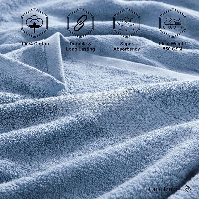 LANE LINEN 100% Cotton Premium Bathroom Towels Set - 6 Pieces - Ring Spun, Quick Dry, Super Soft & Highly Absorbent - 2 Bath, 2 Washcloths, 2 Hand Towels for Bathroom - Pre Shrunk - Cerulean Blue