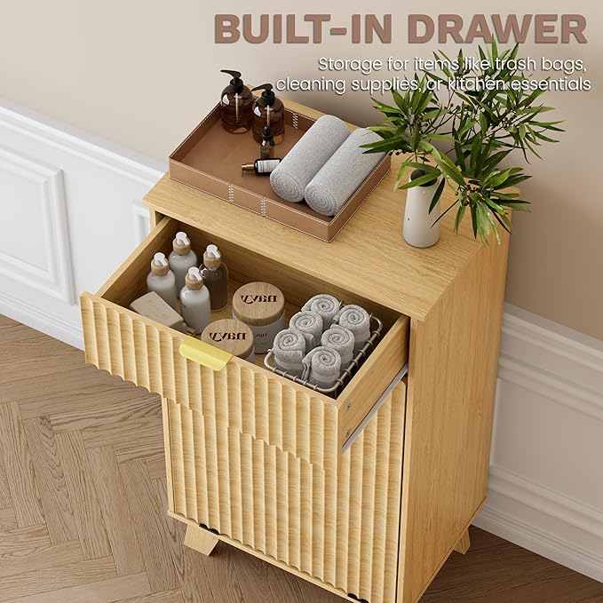 Double Tilt Out Laundry Hamper Cabinet, 20 Gallon Wooden Trash Can Cabinet with Storage Drawers, Hidden Fluted Garbage Can Holder for Kitchen, Living Room (Natural Wood, 20.47"W x 35.83"H x 13"D)