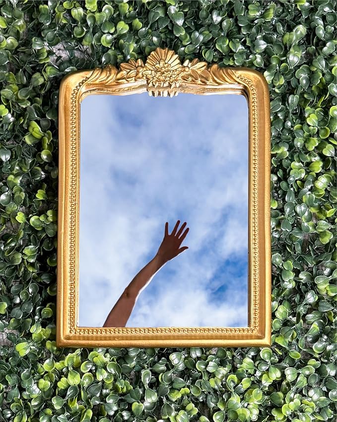 Gold Vintage Vanity Square Mirror, Antique Mirrors for Wall Decorative, Unique Cute Small Mirror, Table Top Makeup Framed Mirrors, Bathroom, Bedroom, Living Room,Fireplace,10.2" L x 7.3" W Gold