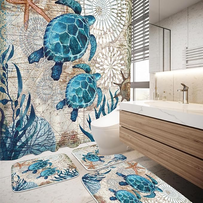 Sea Turtles Nautical Ocean Beach Bathroom Sets with Starfish Coral Shower Curtain and 20 x 31 Rugs Bathroom Accessories Sets Decor with Bath Rug, Bath Mat, U-Shaped Contour and Hooks 72 x 72 Inch