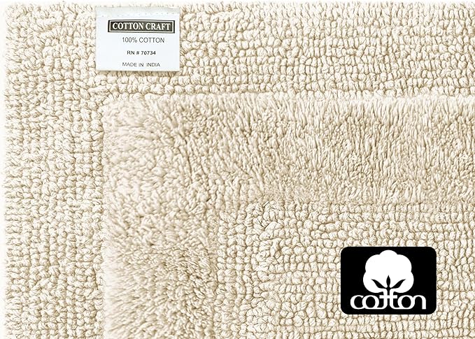 COTTON CRAFT Luxurious Bathmat Rug - Set of 2 Reversible Heavyweight Large Step Out Bath Mats for Bathroom Floor, Tub and Shower - Pure Cotton Soft Plush Absorbent Tufted Racetrack Mat - 20x30 - Linen
