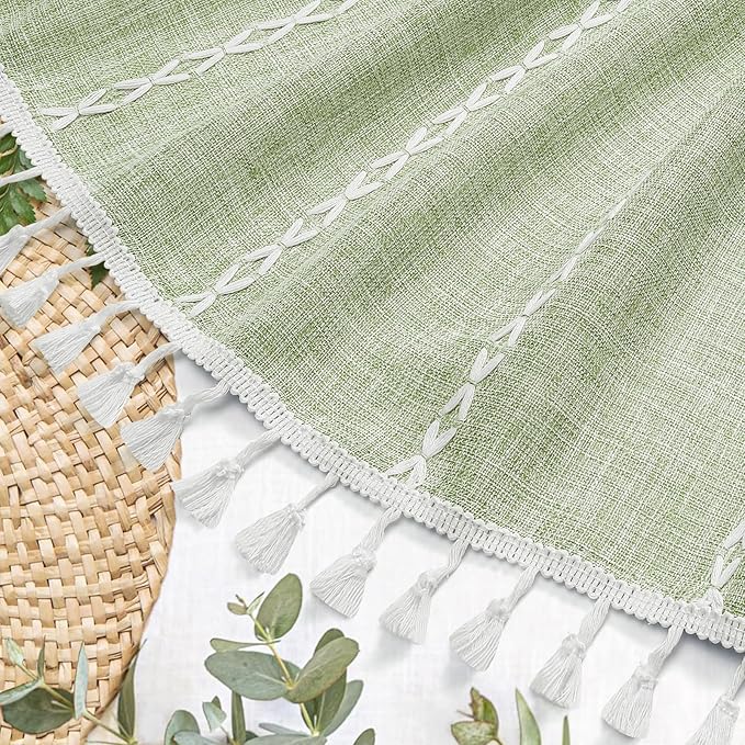 MitoVilla Sage Green Boho Shower Curtain for Vintage Rustic Bathroom Decor, Modern Farmhouse Polyester Linen Fabric Neutral Wrinkle Resistant Cloth Shower Curtain with Tassel, 72 x 72