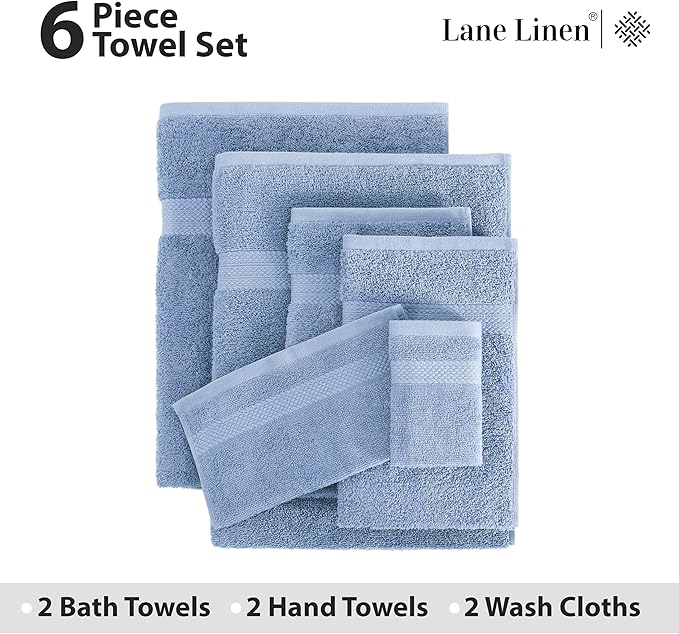 LANE LINEN 100% Cotton Premium Bathroom Towels Set - 6 Pieces - Ring Spun, Quick Dry, Super Soft & Highly Absorbent - 2 Bath, 2 Washcloths, 2 Hand Towels for Bathroom - Pre Shrunk - Cerulean Blue