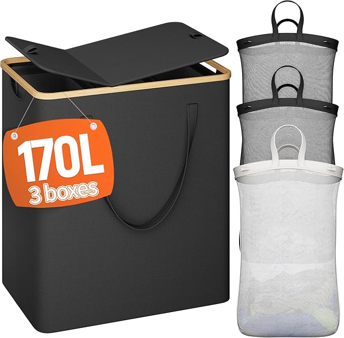 170L Laundry Hamper with Lid 3 Section, Extra Large Laundry Basket with 3 Removable Bags, Laundry Basket Organizer for Bedroom, Laundry Room, Dorm, Clothes Hamper, Black