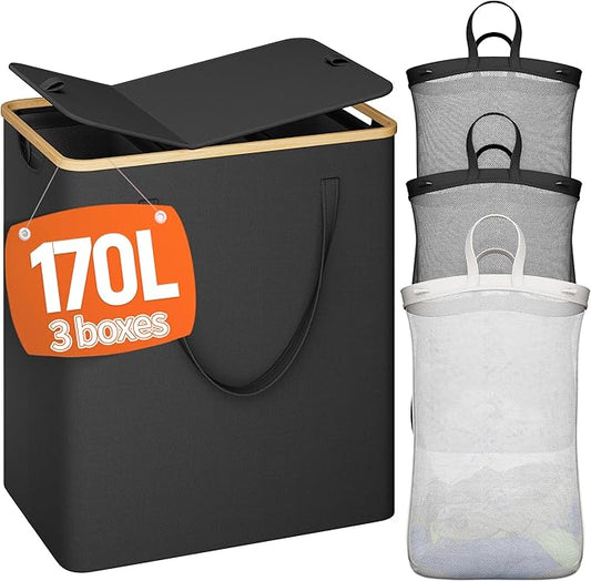 170L Laundry Hamper with Lid 3 Section, Extra Large Laundry Basket with 3 Removable Bags, Laundry Basket Organizer for Bedroom, Laundry Room, Dorm, Clothes Hamper, Black