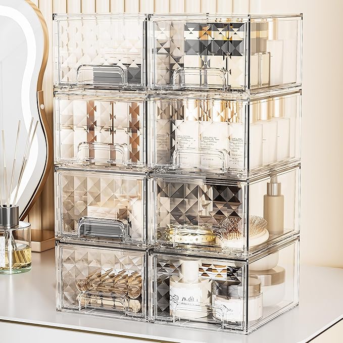 Delamu 8 Pack Stackable Storage Drawers, Makeup Skincare Holder Vanity Storage Organizer, Plastic Drawers For Vanity Desk, Undersink, Kitchen Cabinet, Pantry, Clear, Ideal Christmas Gifts for Girls