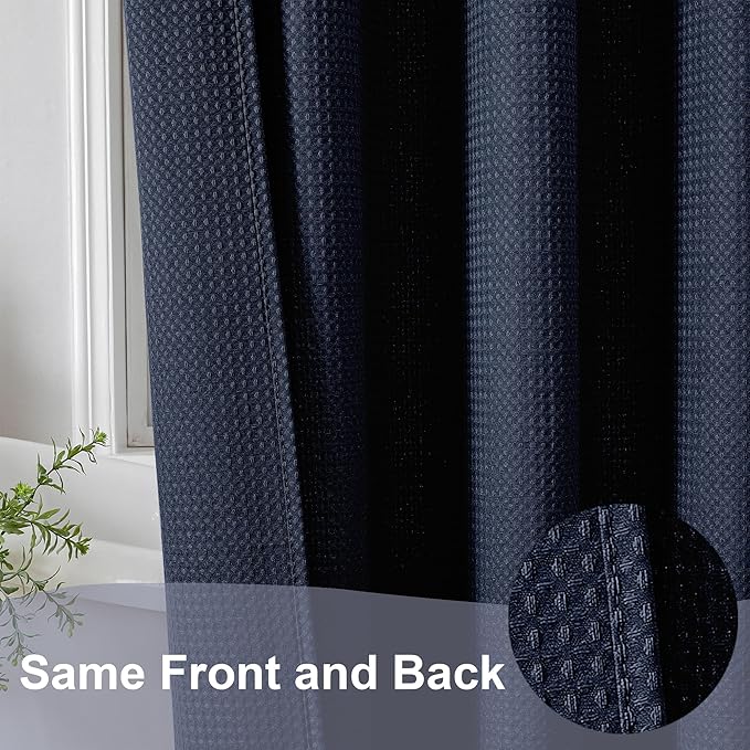 OWENIE Navy Blue Shower Curtain 96 Inch Extra Long, Waffle Weave Textured Fabric Bathroom Curtains, Water Repellent Thick Soft Hotel Spa Luxury Elegant Bath Curtain, Machine Washable, 72x96 Inch