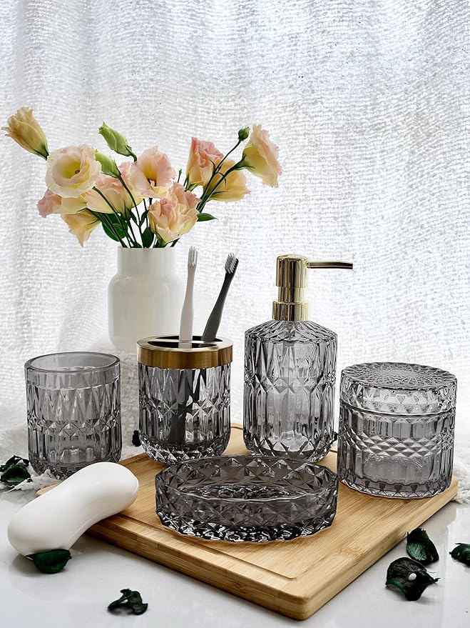 LaMarriti Gray Bathroom Accessories Set, 5Pcs Clear Glass Bathroom Sets, Soap Dispenser, Soap Dish, Toothbrush Holder Set, Cotton Swab Jar, Black and Gold Accent for Vintage Bathroom Decor, Gift Set