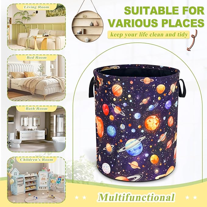 Planet Laundry Basket Funny Space Galaxy Foldable Waterproof Oxford Cloth Tote Bag Laundry Hamper Round Large Clothes Storage Bucket Toy Organizer For Bathroom/Laundry Storage/Bedroom 18.9x16.5 Inch