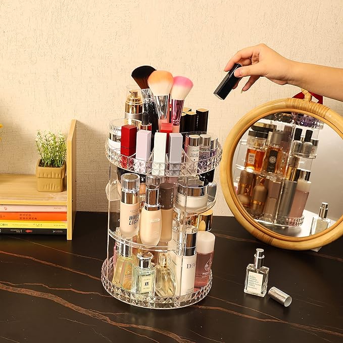 Cq acrylic Rotating Makeup Organizer,Adjustable Spinning Skincare Organizer for Vanity,Countertop,Clear Rotating Perfume Organizer,Bathroom Lazy Susan Organizers,Spin Beauty Product Storage Rack,1Pack