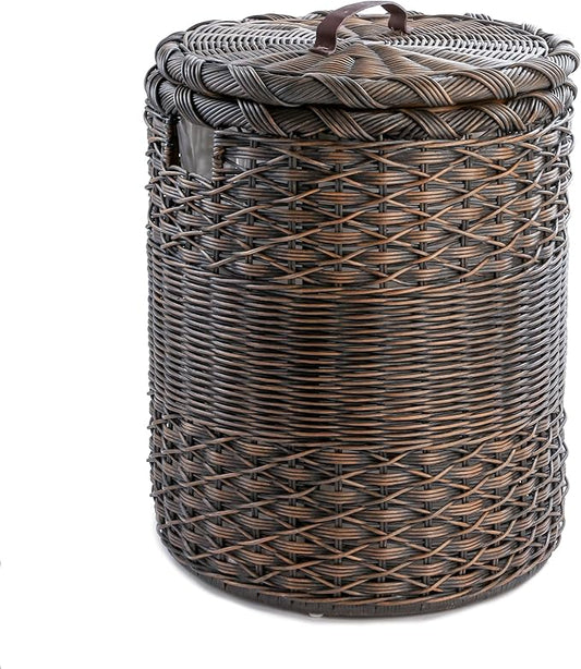The Basket Lady Round Wicker Laundry Hamper, Large, 19 in Dia x 25 in H, Antique Walnut Brown