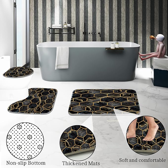 Poedist Shower Curtain Set with Rugs,Bathroom Accessory Set, Including Non-Slip Rugs,Toilet Lid Cover and Bath Mat, Waterproof Shower Curtain with 12 Hooks,Black