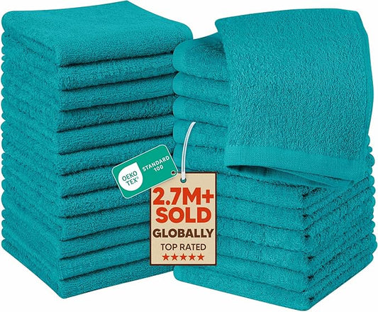 Utopia Towels 24 Pack Cotton Washcloths Set, 100% Ring Spun Cotton, Premium Quality Flannel Face Cloths, Highly Absorbent and Soft Feel Fingertip Towels, Turquoise