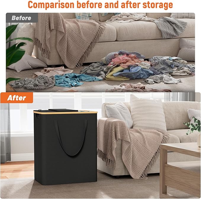 170L Laundry Hamper with Lid 3 Section, Extra Large Laundry Basket with 3 Removable Bags, Laundry Basket Organizer for Bedroom, Laundry Room, Dorm, Clothes Hamper, Black
