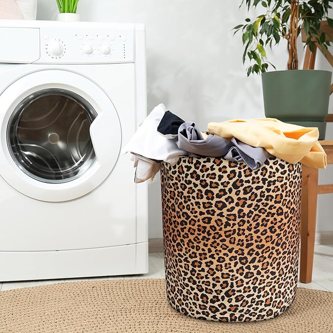 Leopard Print Laundry Basket with Handles Collapsible Laundry Hamper Waterproof Toy Organizer Funny Dirty Clothes Hamper for College Dorm Bathroom Bedroom