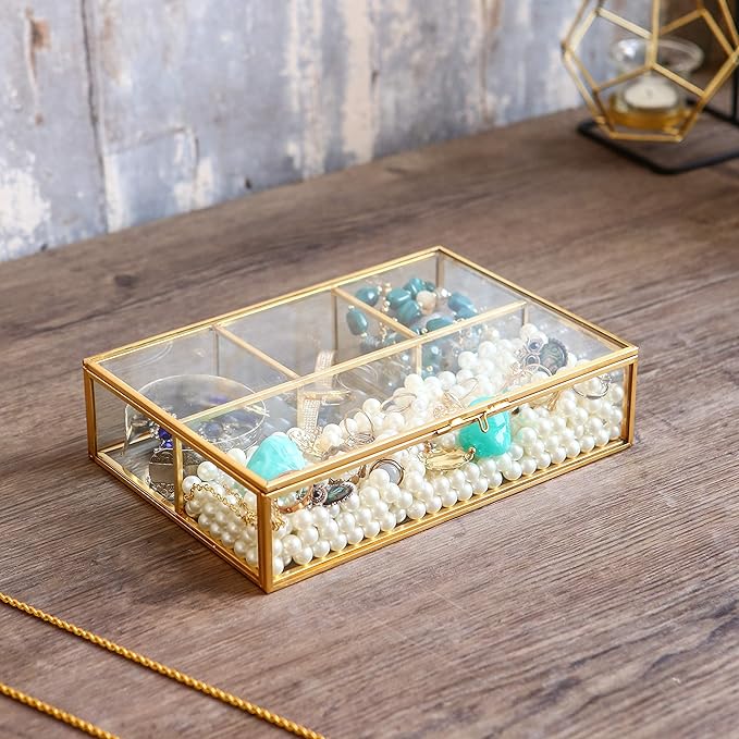 Vintage Glass & Brass Jewelry Box with 4 Compartments - Makeup Organizer, Cosmetic and Treasure Display Case, Elegant Storage Box for Vanity