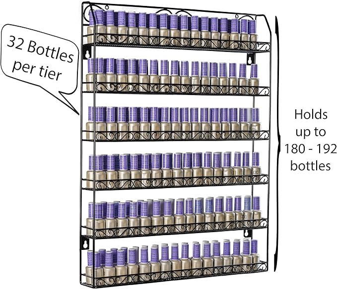 AMT 6 TIER Metal Nail Polish Racks for The Wall, Up to 192 Bottles, Clear Nail Polish Display | Essential Oils Organizer | Holds up to 192 Bottles. (Black - 2 Pack)