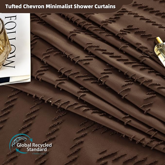 Extra Long Boho Shower Curtain, Woven Fabric 84 in Brown Shower Curtain, 72 x 84, Tufted Chevron Striped Modern Chic Textured Minimalist Bathroom