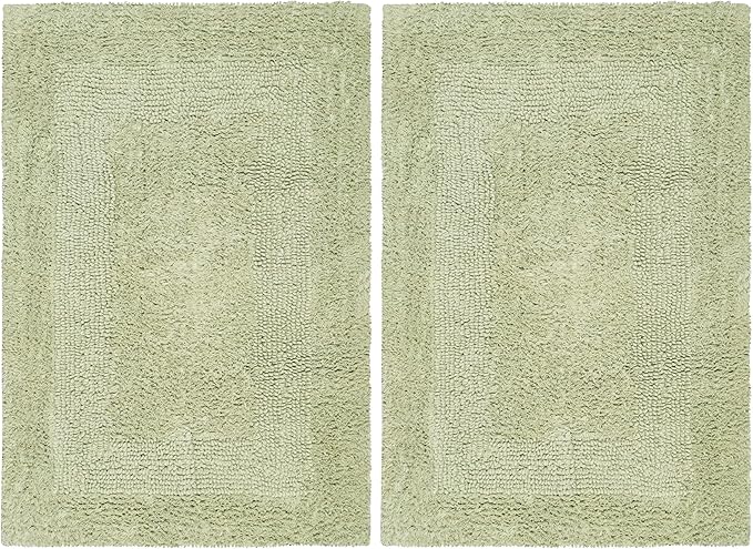 COTTON CRAFT Luxurious Bath Mat Rug - Set of 2 Reversible Heavyweight Step Out Bath Mats for Bathroom Floor, Tub and Shower - Pure Cotton Soft Plush Absorbent Tufted Racetrack Mat - 17x24 - Sage Green
