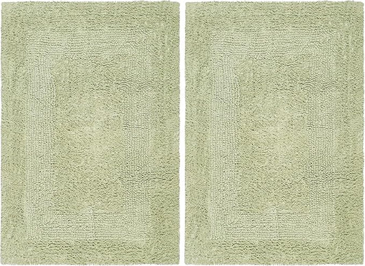 COTTON CRAFT Luxurious Bath Mat Rug - Set of 2 Reversible Heavyweight Step Out Bath Mats for Bathroom Floor, Tub and Shower - Pure Cotton Soft Plush Absorbent Tufted Racetrack Mat - 17x24 - Sage Green