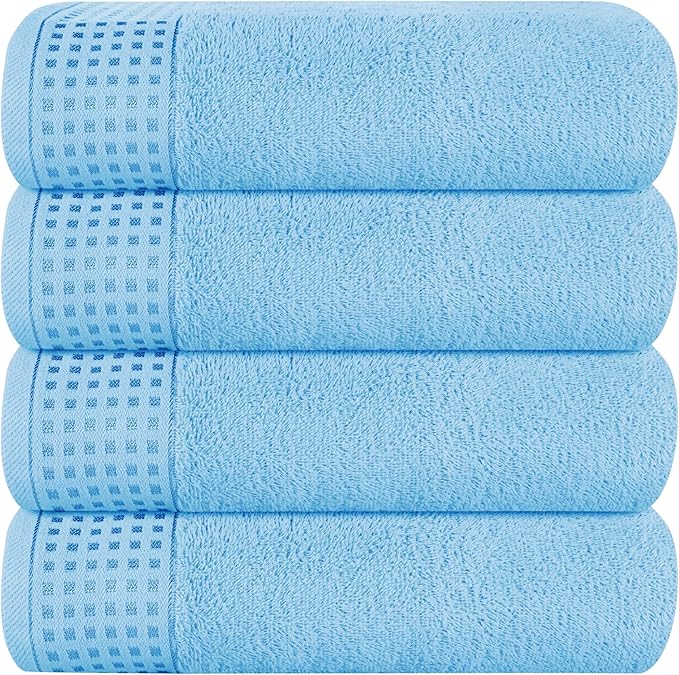 GLAMBURG Ultra Soft 4 Pack Oversized Bath Towel Set 27x54 inches, 100% Cotton Bath Towels, Highly Absorbant Compact Quickdry & Lightweight Towel, Ideal for Gym Travel Camp Pool - Sky Blue