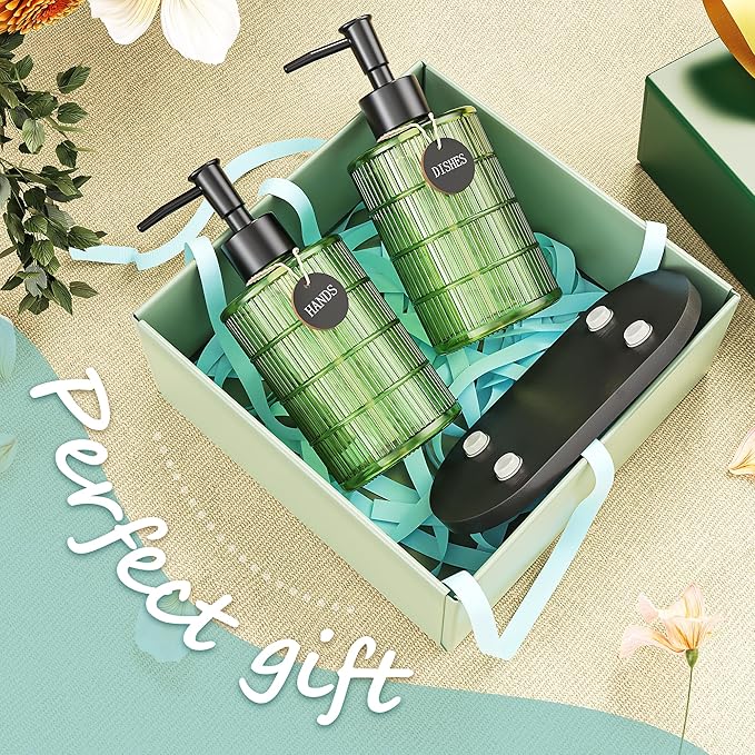 MASADI Soap Dispenser Set with Bamboo Tray, Dish and Hand Soap Lotion Dispenser Set with Wooden Pump for Kitchen and Bathroom Decor for Counter, Modern Vintage Liquid Soap Dispensers (Green&Black)