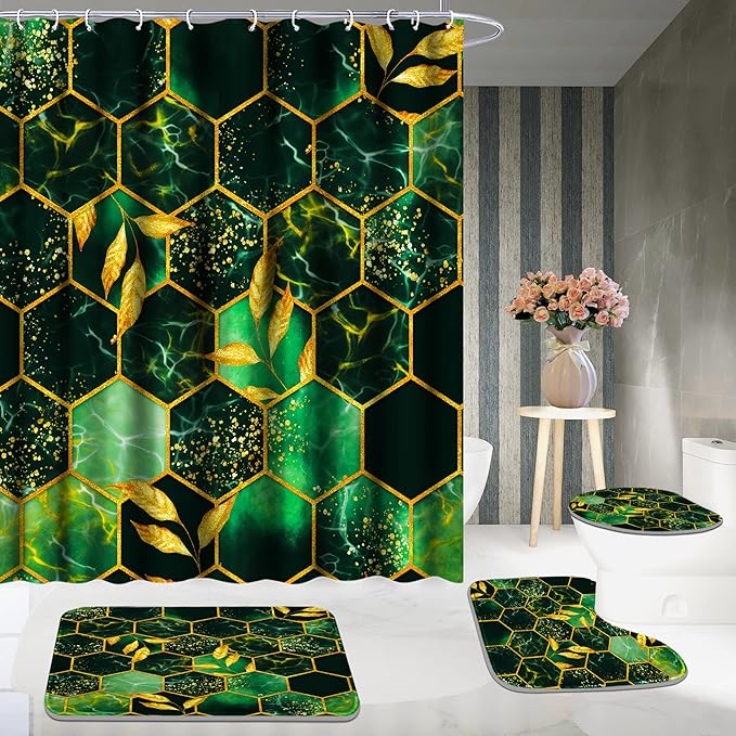 Poedist 4 Pcs Bathroom Shower Curtain Set,Green Honeycomb Marble Bathroom Sets with Rugs(Bath Mat,U Shape and Toilet Lid Cover Mat) and 12 Durable Hooks
