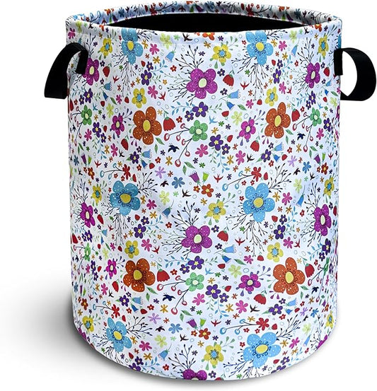 Colorful Artistic Flowers Laundry Basket Floral Foldable Oxford Cloth Funny Tote Bag Laundry Hamper Clothes Storage Bucket Toy Organizer For Bathroom/Laundry Storage/Bedroom 18.9x16.5 Inch