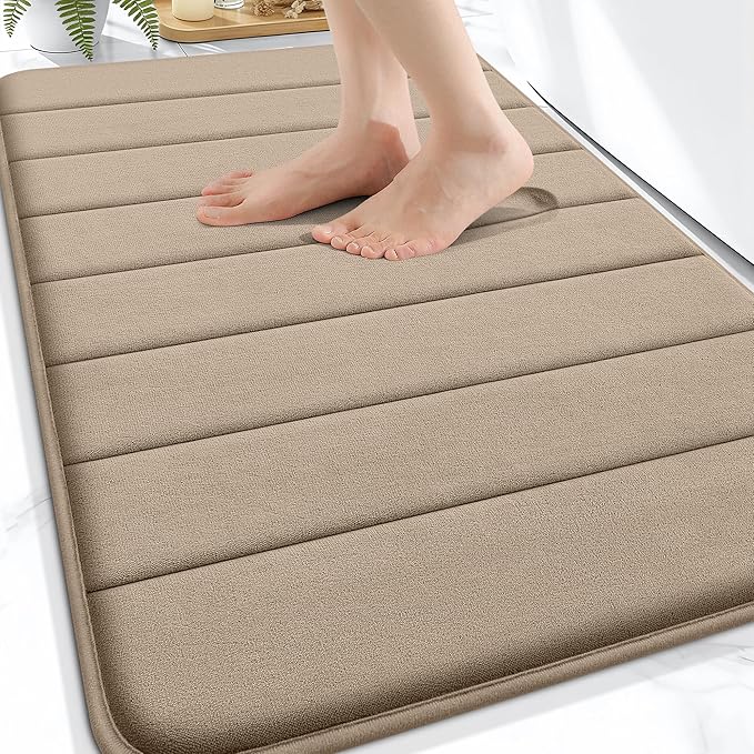 OLANLY Memory Foam Bath Mat 30x20, Super Soft Absorbent Bathroom Rugs, Quick Dry, Machine Washable Shower Floor Rugs, Bathmat Carpet, Bathroom Home Decor Accessories, Tan