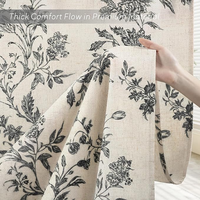 Black Floral Shower Curtain,Vintage Linen Beige Cottagecore Shower Curtains for Bathroom, 72" W x 72" L