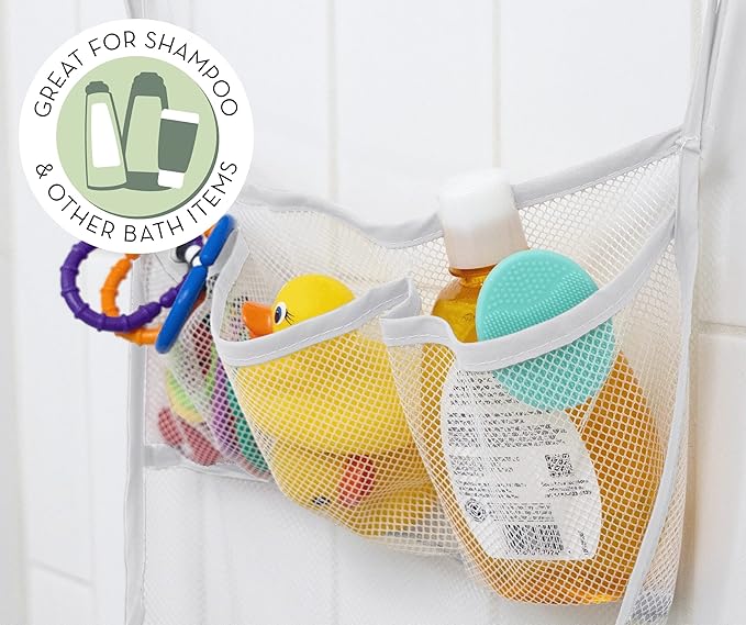 S&T INC. Bath Toy Storage Net with Pockets for Tub, Shower Caddy Holds Baby and Kids Toys, Soap, or Shampoo, Hooks Included, 14 Inch by 20 Inch, White, 1 Pack