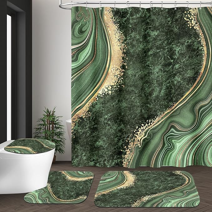 4PCS Sage Green Marble Shower Curtain Sets with Rugs, Luxury Bathroom Sets with Shower Curtain and Rugs, Abstract Bathroom Curtains Shower Set with Toilet Lid Cover for Bathroom Decor