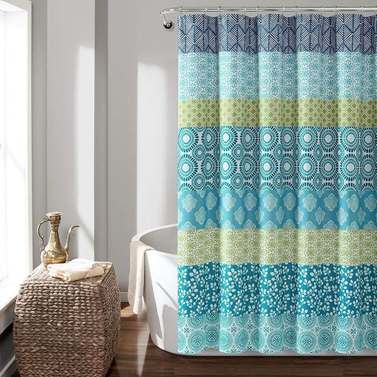 Lush Decor Bohemian Stripe Shower Curtain 72" W x 72" L Blue & Green - Bathroom Curtain - Striped Shower Curtain - Boho Decor - Fabric Shower Curtains