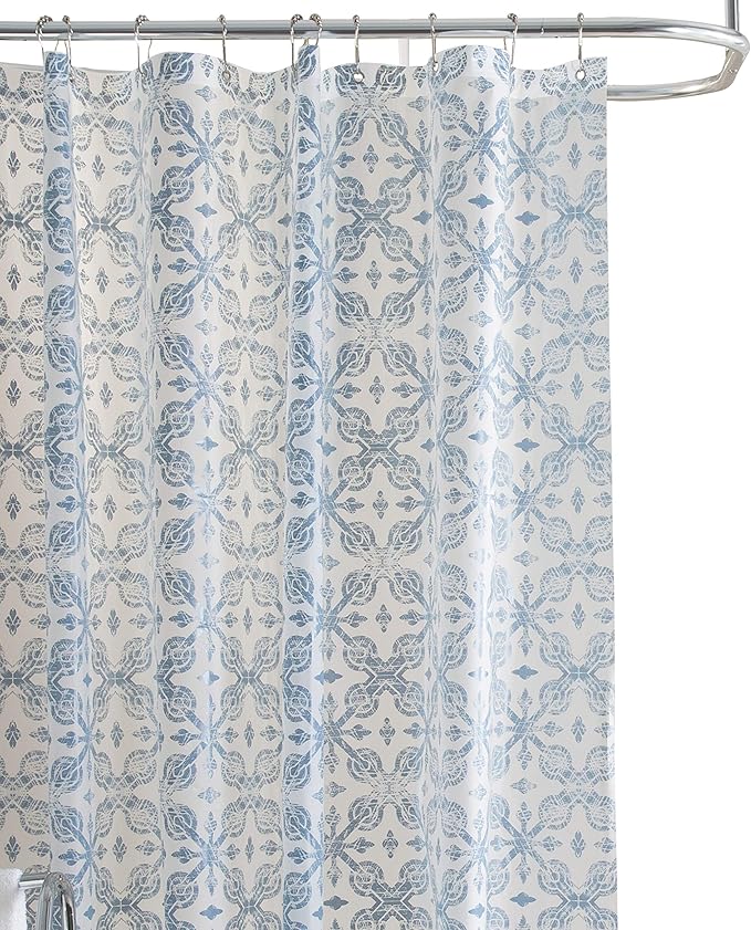 Bath Bliss 70” x 72” PEVA Shower Curtain | 12 Rust Proof Metal Grommets | Reinforced Header | Waterproof | Lisbon Design | Blue