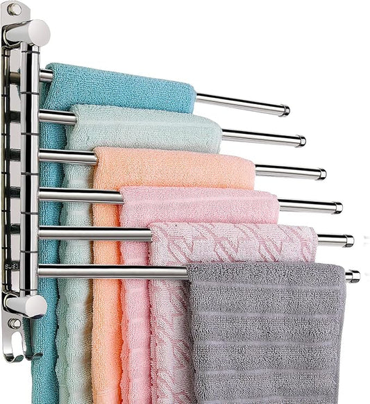 6 - Arm Stainless Steel Swivel Towel Rack with Hook: Wall - Mounted, Rustproof Space - Saver for Bathroom & Kitchen - 180° Rotation, 14kg Capacity