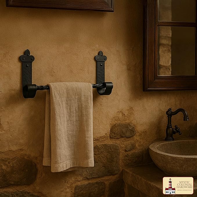 Mystic Colonial Cast Iron Towel Bar Rustic Wall Mounted Metal Rack for Bathroom, Kitchen, or Entryway � Black Heavy-Duty Towel Holder (15"" X 7"", Heavy Duty Wall Mounted Bathroom Towel Rack Holder)