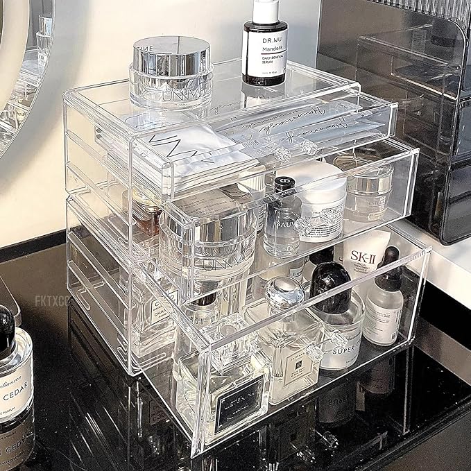 Clear Stackable Makeup Storage Organizer Drawer, Acrylic Plastic Organizers Bins, Vanity Countertop Containers, Cosmetic Holder Display Case for Vanity, Bathroom,Cabinet,Desk Organization
