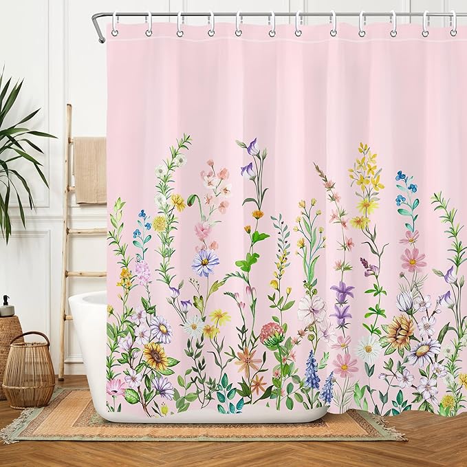 Pink Floral Flower Shower Curtain Pretty Wildflower Bathroom Shower Curtain Set Boho Cute Shower Curtains Cloth Fabric Shower Curtain