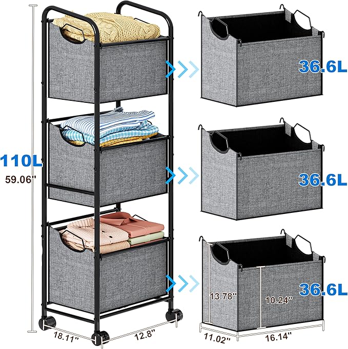 110L Vertical Rolling Laundry Basket Organizer with Wheel, 3-Tier Dirty Clothes Laundry Hamper, 3-Section Laundry Sorter Cart, Portable Laundry Baskets for Small Space, Dorm, Laundry, Closet, Bathroom