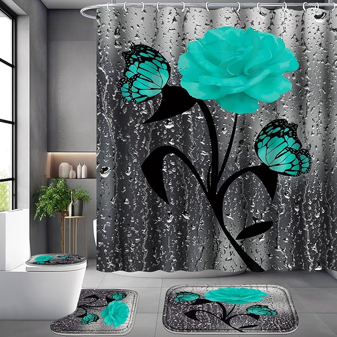 Poedist 4 Pcs Bathroom Set,Green Rose Shower Curtain Sets, Romantic Shower Curtain Sets with Rugs(Bath Mat,U Shape and Toilet Lid Cover Mat) and 12 Hooks