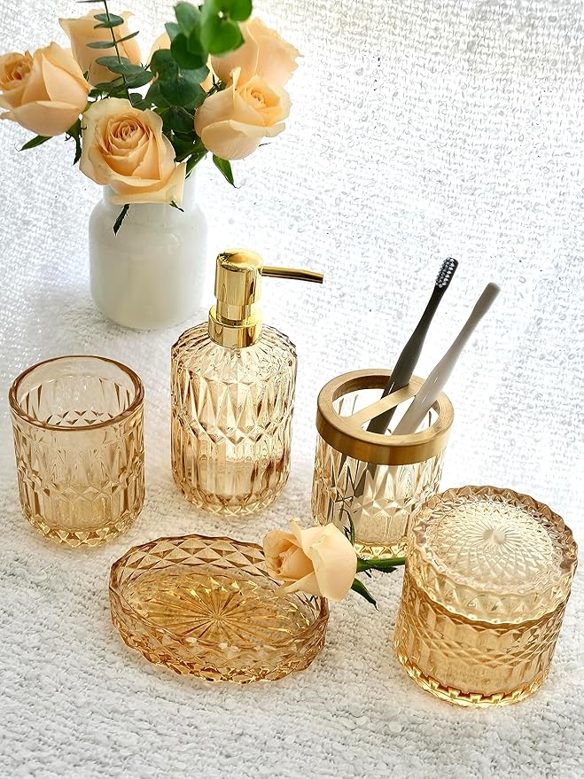 LaMarriti Clear Gold Bathroom Accessorries Set, 5Pcs Glass Bathroom Accessories, Lotion Soap Dispenser, Toothbrush Holder Set, Soap Dish, Tumbler, Qtips Holder for Bathroom Vanity Decor, Yellow Gold
