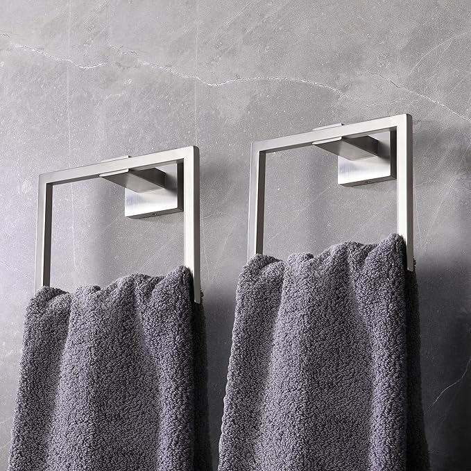 LANC Hand Towel Holder for Bathroom Wall Mount Brushed Nickel Square Hand Towel Rings 2PC Towel Ring for Toilet Bathroom Hardware Accessories Stainless Steel Modern Shower Towel Hanger, A8896BN-P2