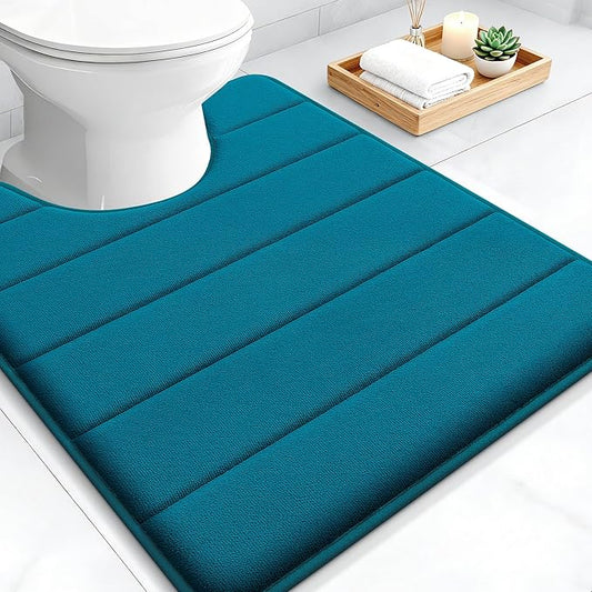 OLANLY Memory Foam Toilet Rugs U Shaped 24x20, Super Soft Absorbent Contour Bath Rugs, Quick Dry, Machine Washable Toilet Mat, Bathmat Carpet, Bathroom Home Decor Accessories, Peacock Blue