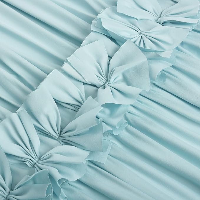 Spa Blue Ruffle Shower Curtain, Vintage Handcrafted Bow Tie Bath Curtain for Master Bathroom, Ruched Microfiber Bathroom Curtain with 12 Buttonholes, 72" W x 72" H (LQ-10)