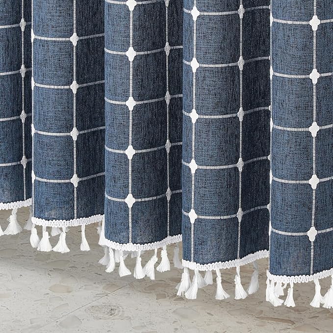 MitoVilla 72 x 84 Navy Blue Boho Extra Long Shower Curtain, Farmhouse 84 inch XL Polyester Linen Texture Tassel Fabric Shower Curtain Set with Hooks for Cottagecore Country Bathroom Decor
