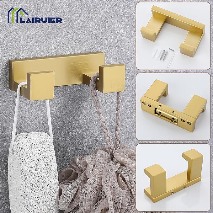 3 Pieces Brushed Gold Bathroom Hardware Accessories Set,SUS304 Stainless Steel Towel Holder Set Towel Holder Robe Hook Toilet Paper Holder Wall Mounted