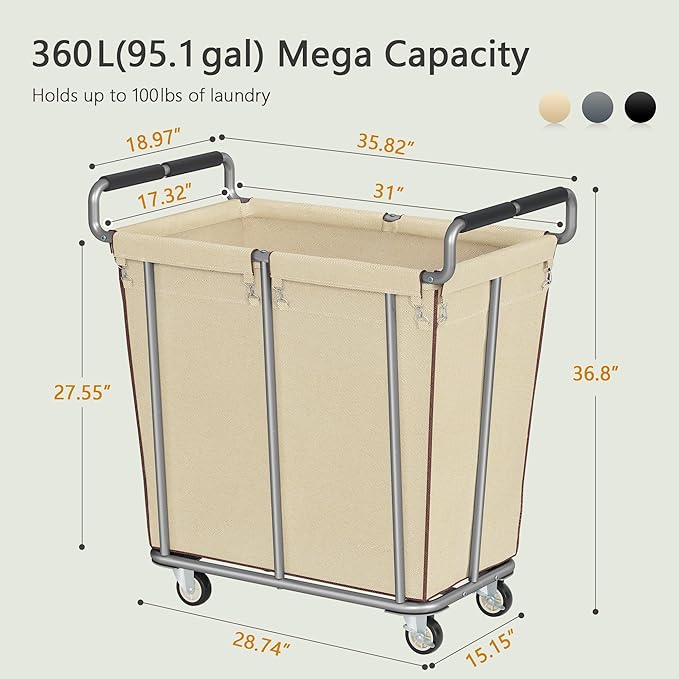 Gewudraw Large laundry hamper with Wheels, 2 Bag 360L Big Rolling Laundry Basket Sorter Cart, Extra Large Laundry Clothes Hamper, Heavy Duty Laundry Basket Organizer for Laundry Room,Bathroom