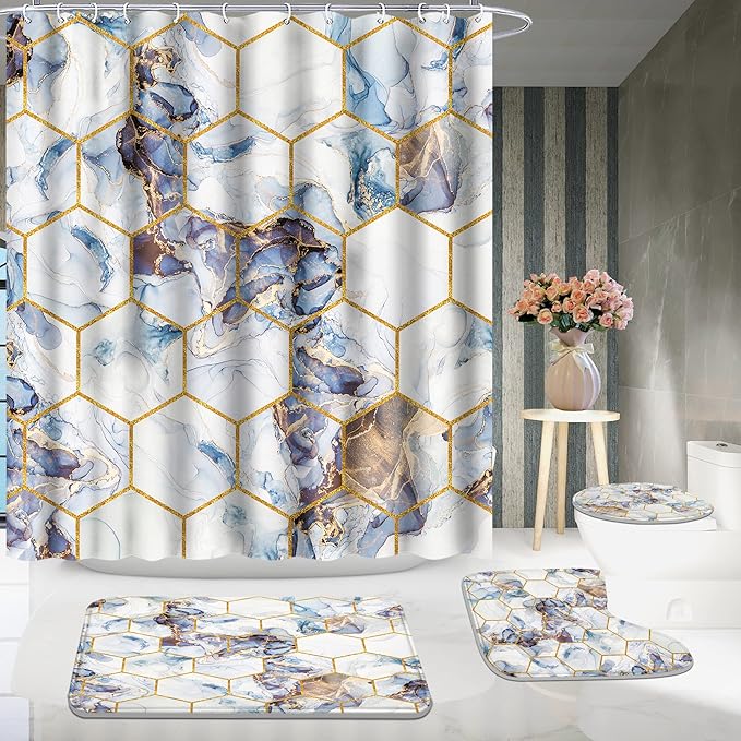 Poedist Shower Curtain Set with Rugs,Bathroom Accessory Set, Including Non-Slip Rugs,Toilet Lid Cover and Bath Mat, Waterproof Shower Curtain with 12 Hooks, Honeycomb Marble