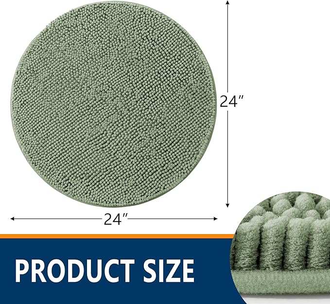 Smiry Luxury Chenille Round 24x24, Extra Soft and Absorbent Shaggy Bathroom Mat Rugs, Machine Washable, Non-Slip Plush Carpet for Tub, Shower, and Bath Room, Sage Green